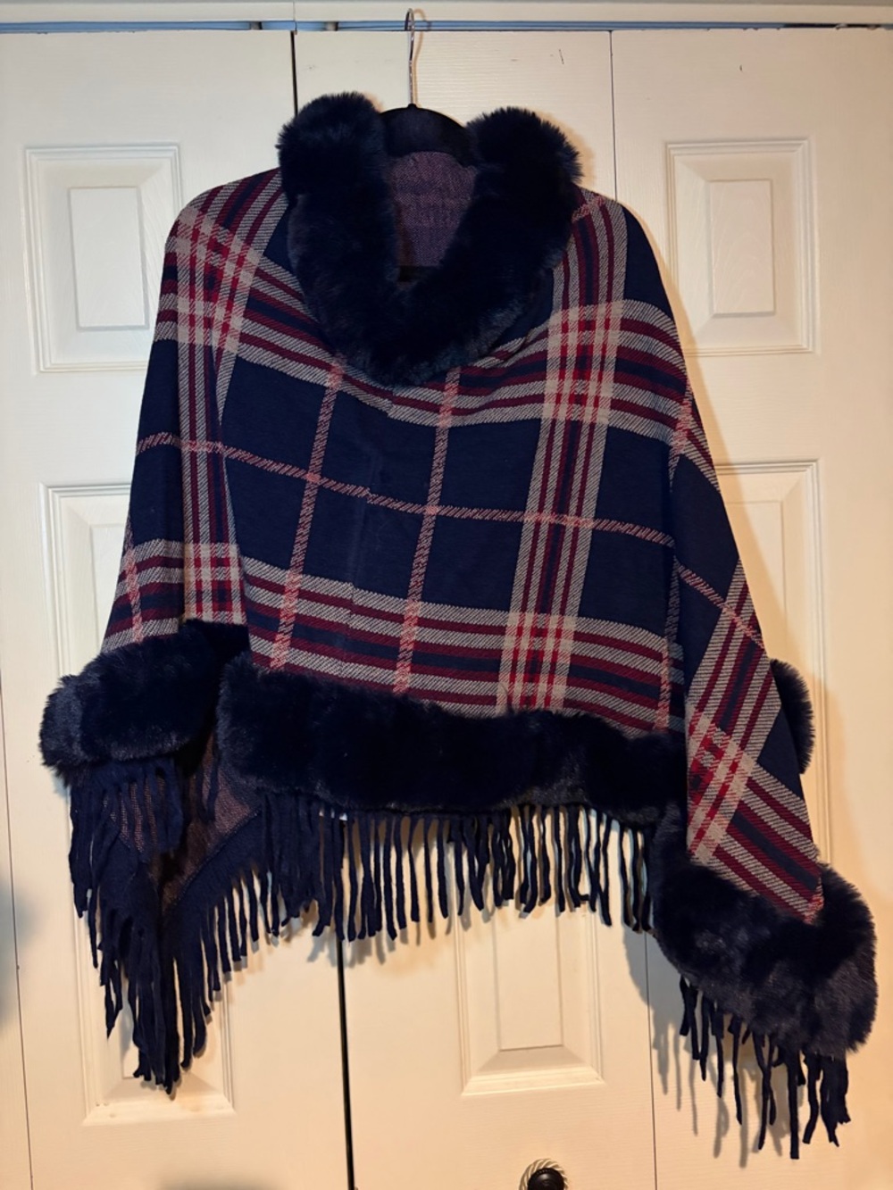 Plaid Fringe Poncho with Faux Fur Trim